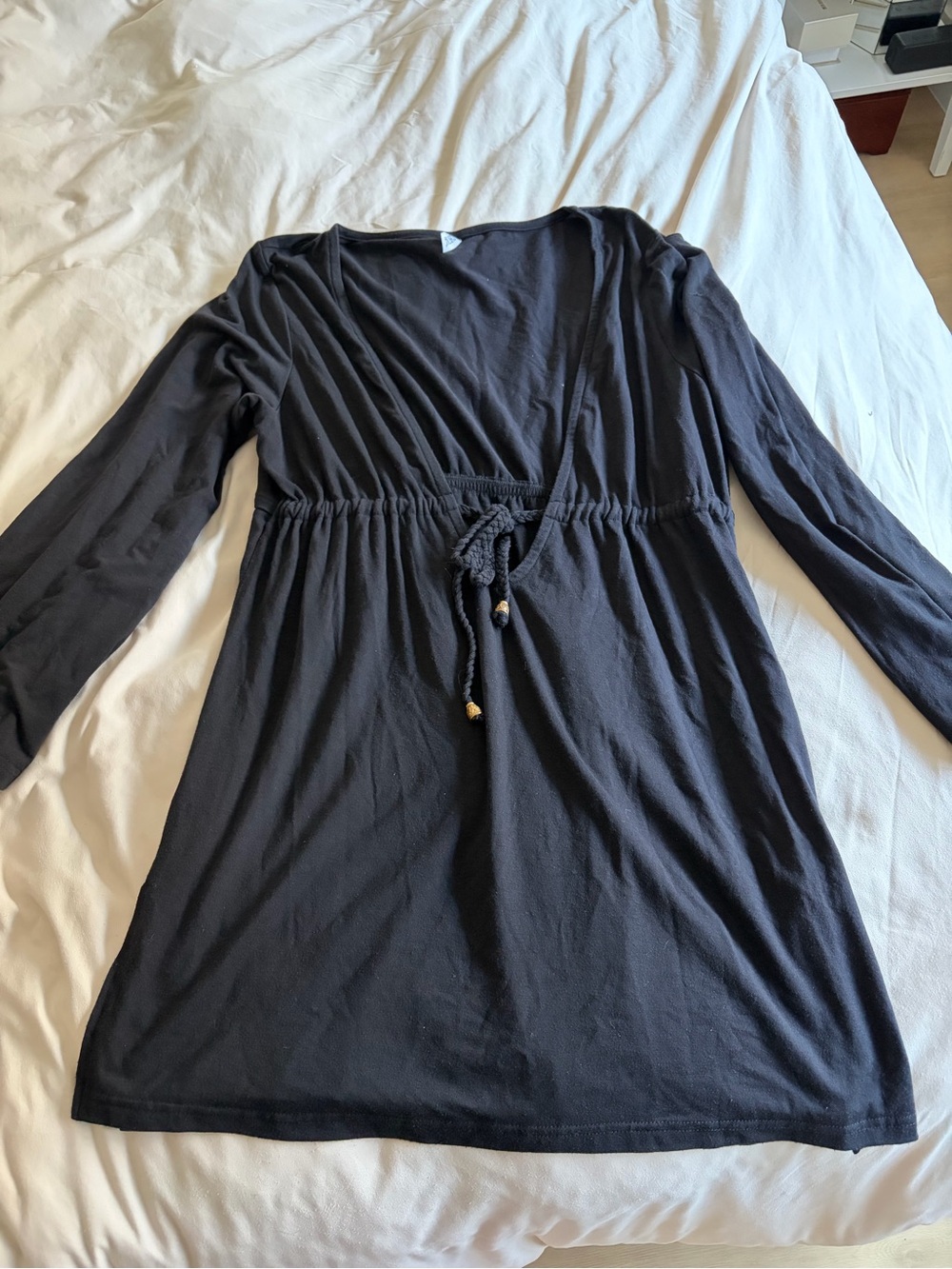 Women's Long Sleeve Black Drawstring Y2K Tunic Top/swim cover up